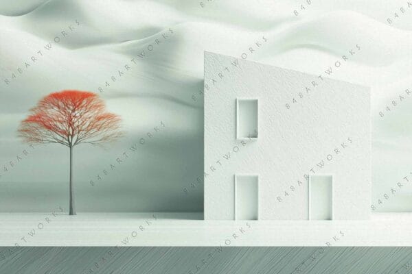Minimalist digital artwork of an orange-leafed tree beside a white geometric building.