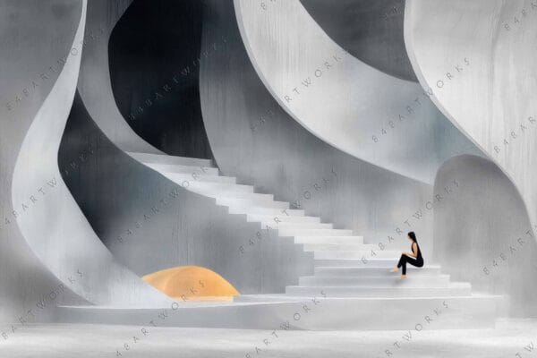 "Surreal digital art of a lone figure on white spiral stairs with abstract curves."