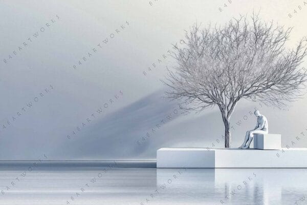 Minimalist digital art with solitary figure, bare tree, and serene water in monochrome tones.