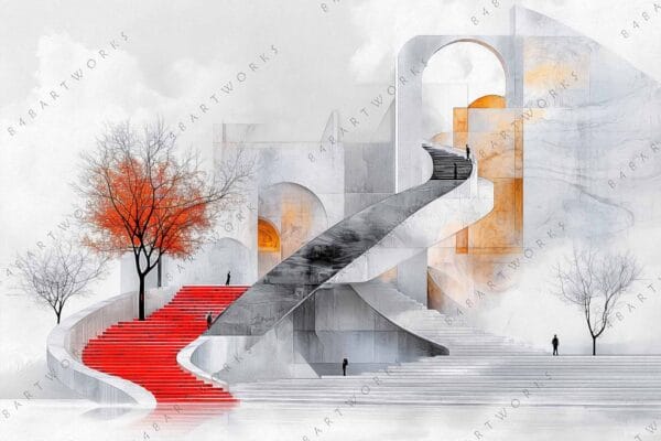 Architectural digital art with red stairs, bare trees, and a marble structure.