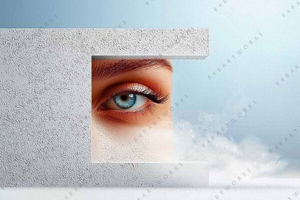 "Digital art depicting a blue eye through a textured geometric frame against sky background."