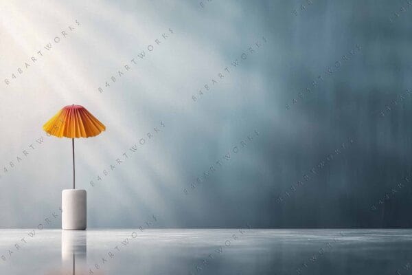 "Digital art of a yellow-orange umbrella in a minimalist gray-blue setting."