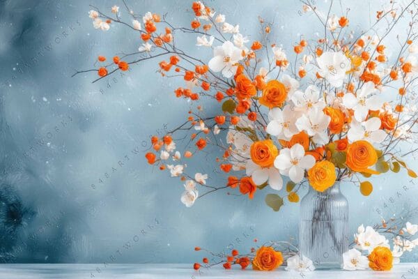 Digital painting of a vase with orange and white flowers against blue background.