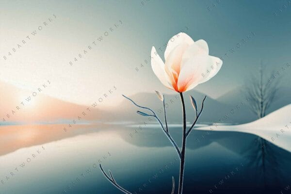 "Digital artwork of white flower by a serene lake under a soft blue sky."
