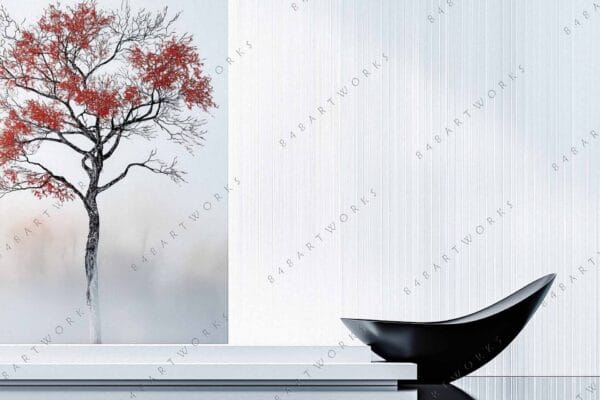 "Modern interior with black lounge chair and minimalist tree painting on white wall."