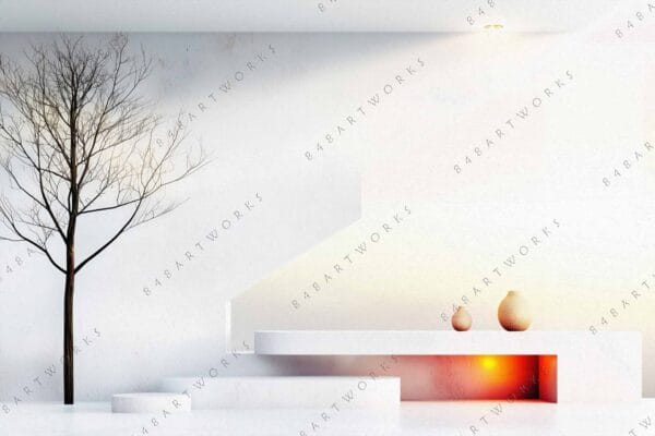 "Minimalist digital art of a barren tree beside white modern shelves with two vases."