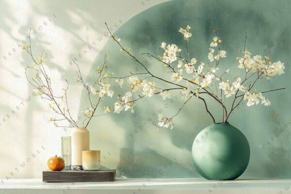 Digital art of white flowers in green vases on a minimalist shelf display.