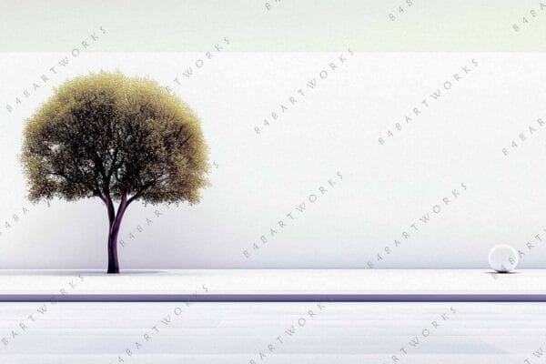 "Minimalist digital art of a lone tree next to a white sphere on a plain background."