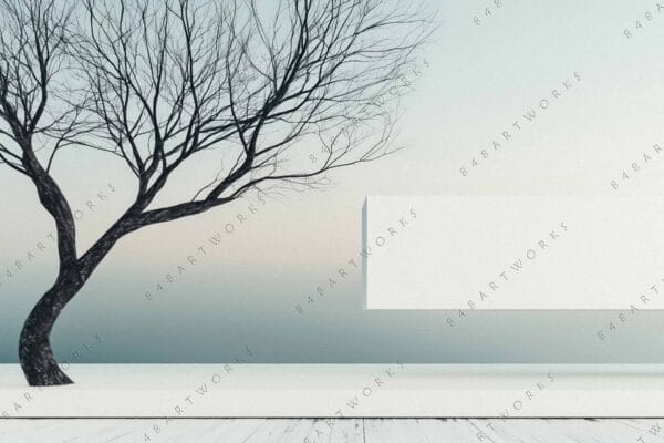 "Surreal digital artwork of leafless tree beside detached white geometric shape, soft gradient background."