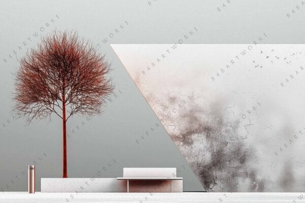 "Minimalist digital art of a red tree beside geometric shapes on a gray background."