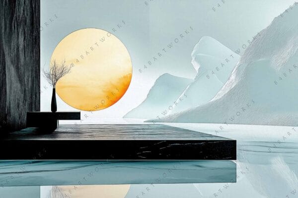 Surreal digital art of a tree silhouetted against a large sun and icy mountains.