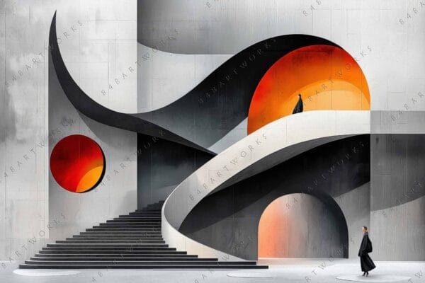 Abstract digital art of curved architectural structures in gray, black, and orange hues.