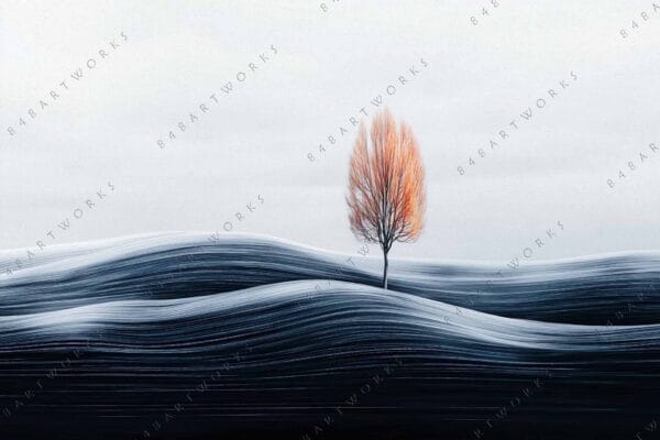 "Minimalist digital art of lone tree on wavy monochrome terrain with orange leaves."