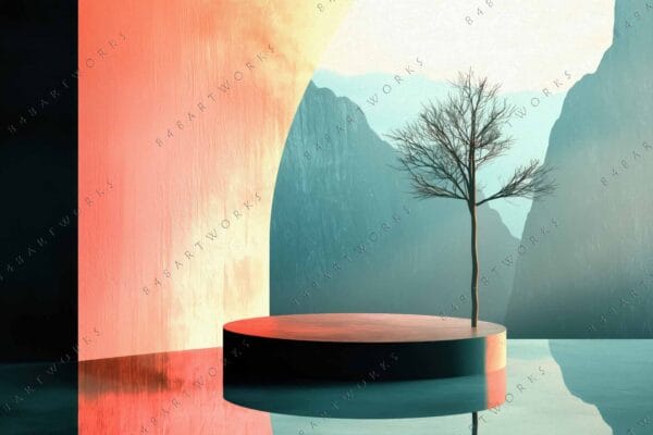 "Digital art of a solitary tree on a rounded platform with pastel tones."
