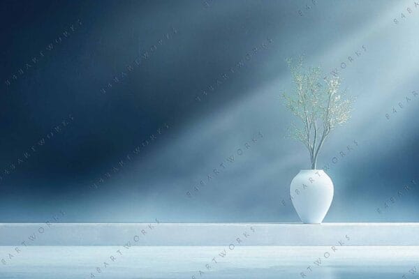"Digital art of a white vase with branches on a blue-toned background."