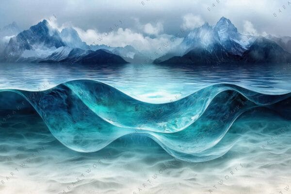 Digital art of transparent blue waves, mountain range, and cloudy sky background.