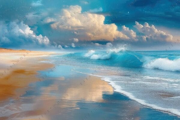 "Digital painting of serene beach waves under a cloudy sky in blue hues."