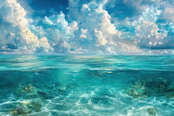 "Impressionist digital painting of turquoise ocean under a sky with fluffy clouds."
