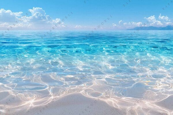 Digital painting of a serene ocean with clear blue water and wispy clouds.