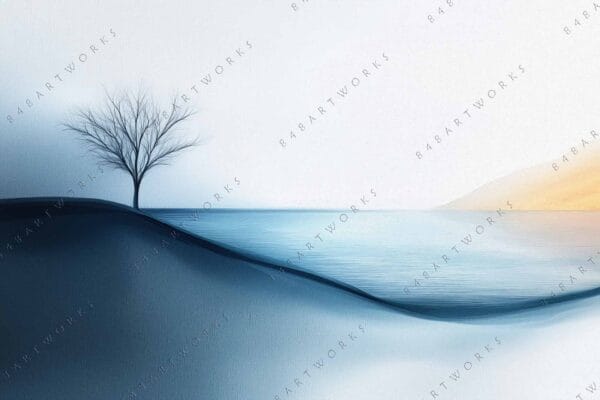 "Digital art of solitary tree by calm lake, in blue and beige tones."