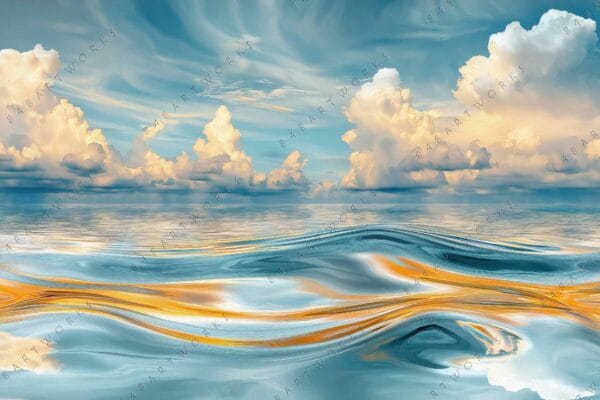 "Abstract digital art of ocean waves and cumulus clouds in blues and golds."