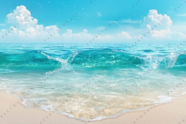 Digital painting of a turquoise ocean wave against a clear blue sky.