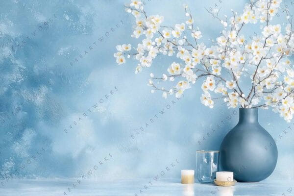 Minimalist photo of white flowers in a blue vase against a textured blue background.