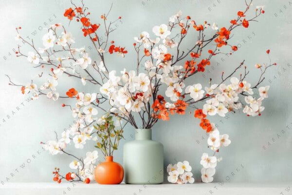 Minimalist digital painting of white and orange flowers in green and orange vases.