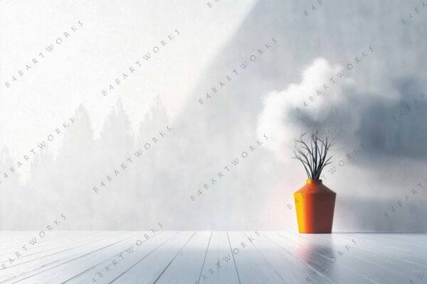 "Digital art of orange vase with white flowers on wooden floor, misty background."