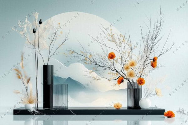 Minimalist digital art of orange flowers in vases against a misty mountain backdrop.