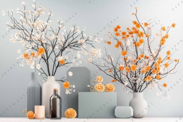 "Photo of vases with orange and white flowers against a soft blue background."