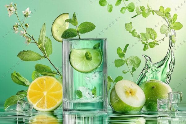 Digital rendering of a citrus and mint drink with green apples and ice cubes.