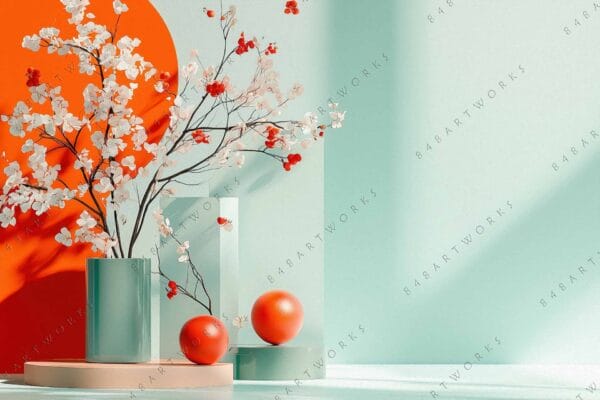 Digital art of a teal vase with orange and white flowers against a red backdrop.