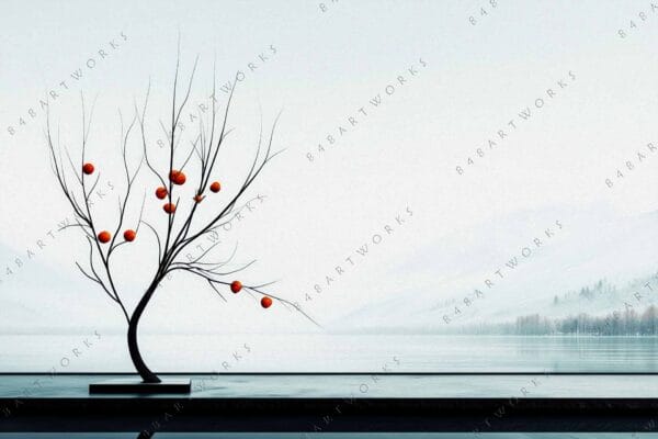 Minimalist digital painting of a barren tree with red fruit against misty mountains.