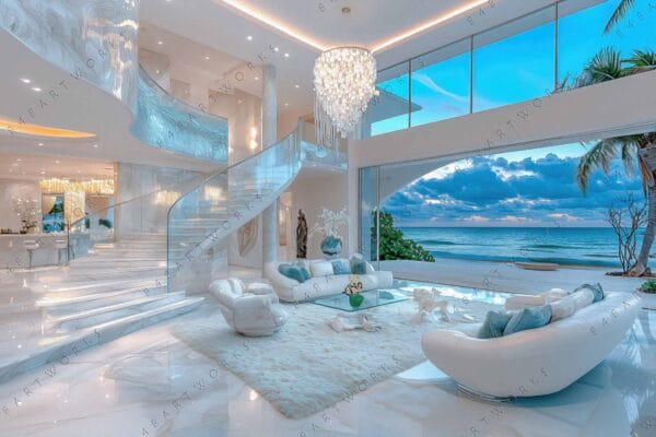 Luxurious interior with white decor, curved staircase, and ocean view through large windows.