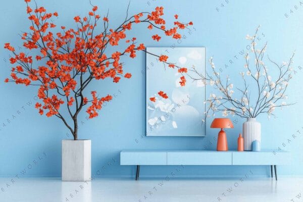 Modern interior with vibrant red flowers against a blue wall and furniture.