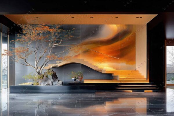 "Modern interior with a bonsai, abstract orange mural, and floating staircase, digital artwork."