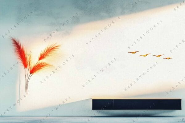 Minimalist digital art of orange feathers and abstract birds on a light background.