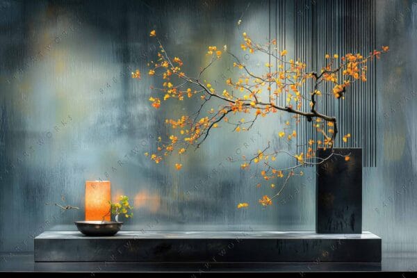 "Digital artwork of orange bonsai tree and candle against textured blue-gray wall."