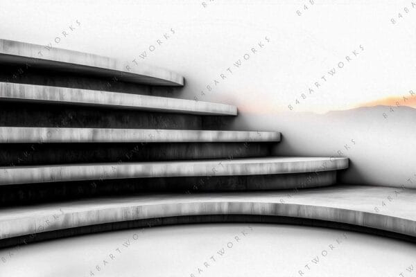 "Monochrome digital art of curved stone steps against a misty sunset backdrop."