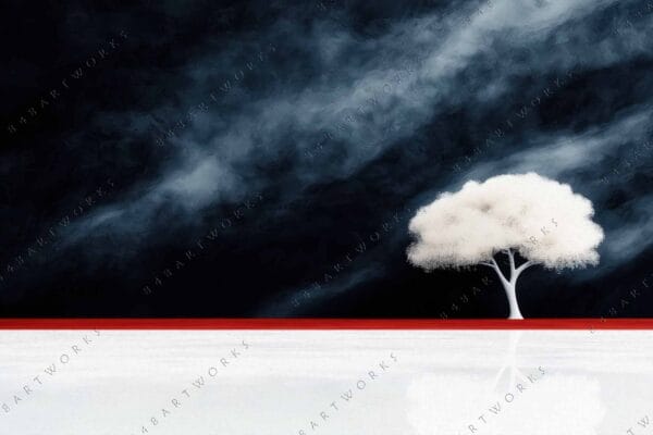 "Surreal digital art of a solitary white tree on a reflective surface."