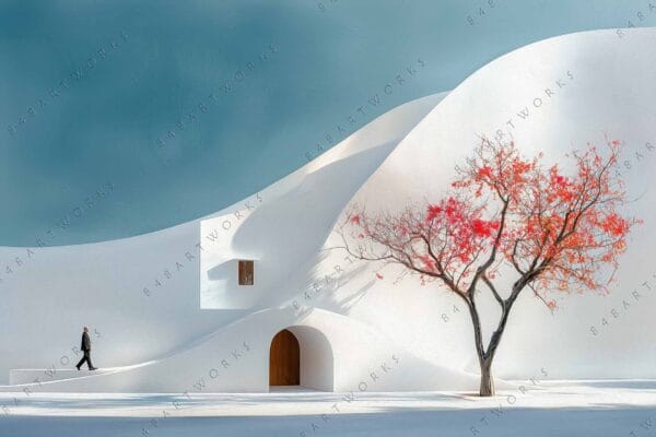 "Digital art of minimalist white architecture and red tree against blue sky."