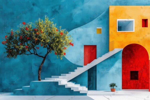 "Colorful digital painting of a vibrant building with a tree on turquoise background."