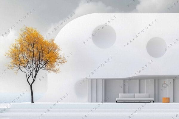 Minimalist digital art of a single orange tree beside a modern white building.