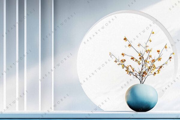 Minimalist digital art of a blue vase with branches against circular window.