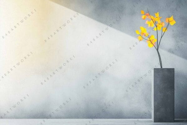 "Minimalist painting of yellow flowers in gray vase against a textured wall."