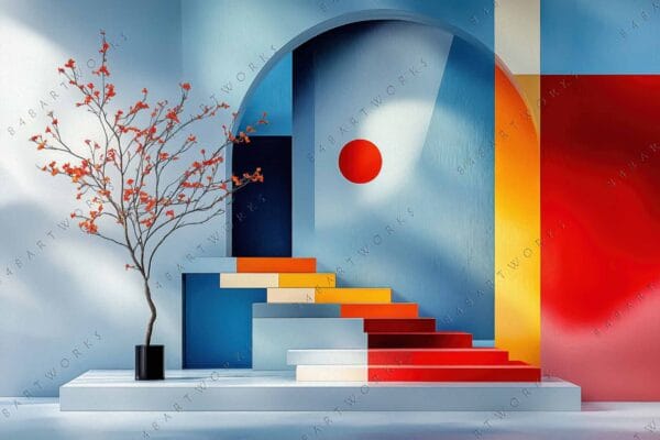 Colorful digital art of geometric staircase, red circle, and potted tree with orange flowers.