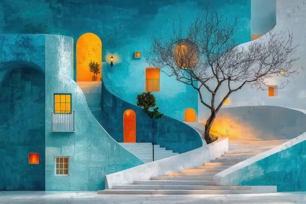 Futuristic digital artwork of spiraling blue architecture with glowing orange doorways and bare tree.
