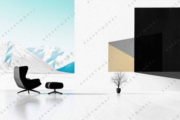 "Minimalist digital art of modern interior with mountain view and abstract wall elements."