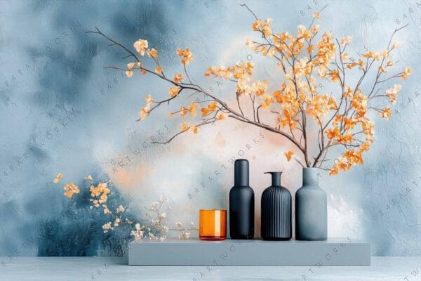 Minimalist digital artwork of orange branches, textured background, blue and gray vases.